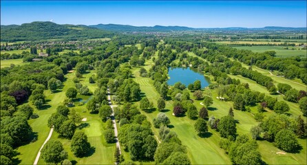 Expansive golf course with surrounding greenery and a serene lake