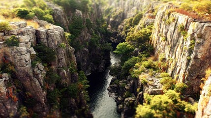 Obraz premium Serene River Flowing Through Majestic Rocky Canyon Landscape