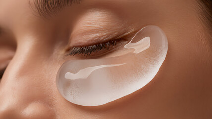 Close-up of a person's eye with a clear hydrogel under-eye patch being applied for hydration and skincare treatment.