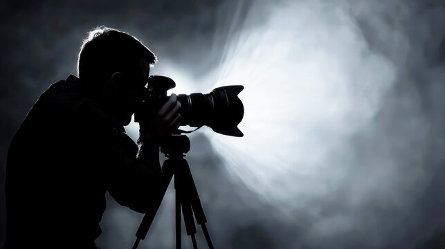 A photographer taking a silhouette photo of a man with a camera, against a dark background with a bright light source.