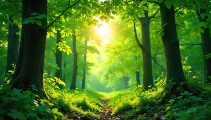 Obraz premium Lush, vibrant forest green foliage fills the frame, sunlight dappling through leaves creating a dappled effect Perfect for nature, spring, or environmental themes , greenery, leaves, forest