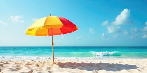 A vibrant beach umbrella provides shade on a sunny day, casting a cool shadow on the warm sand Perfect for relaxation and sun protection at the seaside , hot, seaside