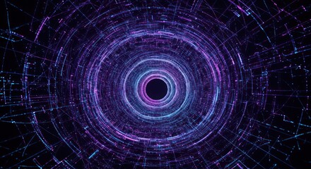 Abstract Digital Tunnel with Glowing Blue and Purple Lines on Black Background