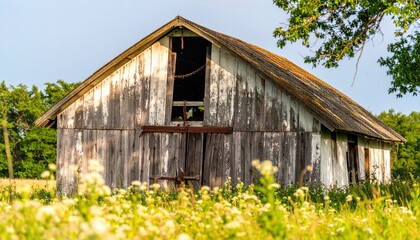 Naklejka premium Weathered Wooden Barn Surrounded by Lush Green Field Under Clear Blue Sky During Bright Sunny Day