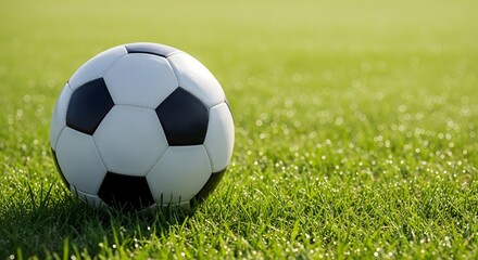 Fototapeta premium Classic soccer ball rests on lush green grass field ready for game day action