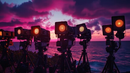 Fototapeta premium Professional Film Equipment Set Against Dramatic Sunset Background