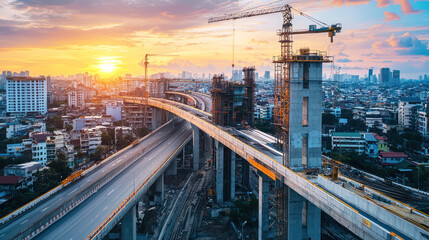 A bustling cityscape at sunset with a high-rise building under construction, featuring a bridge with cranes and a vibrant skyline.