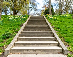 Obraz premium Concrete stairway ascends a grassy hill flanked by spring blooms