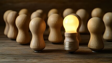 Wooden figurines with light bulb standing out in a dark setting