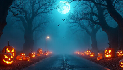 Dark Halloween Night Scene with Glowing Pumpkins, Fog, Moonlight and Bats