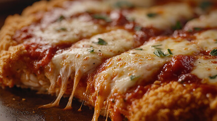 Close-up of golden chicken parmigiana with crispy edges, marinara sauce, melty mozzarella, and fresh herb garnish
