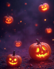 Abstract Halloween Background with Floating Glowing Pumpkins and Neon Mist