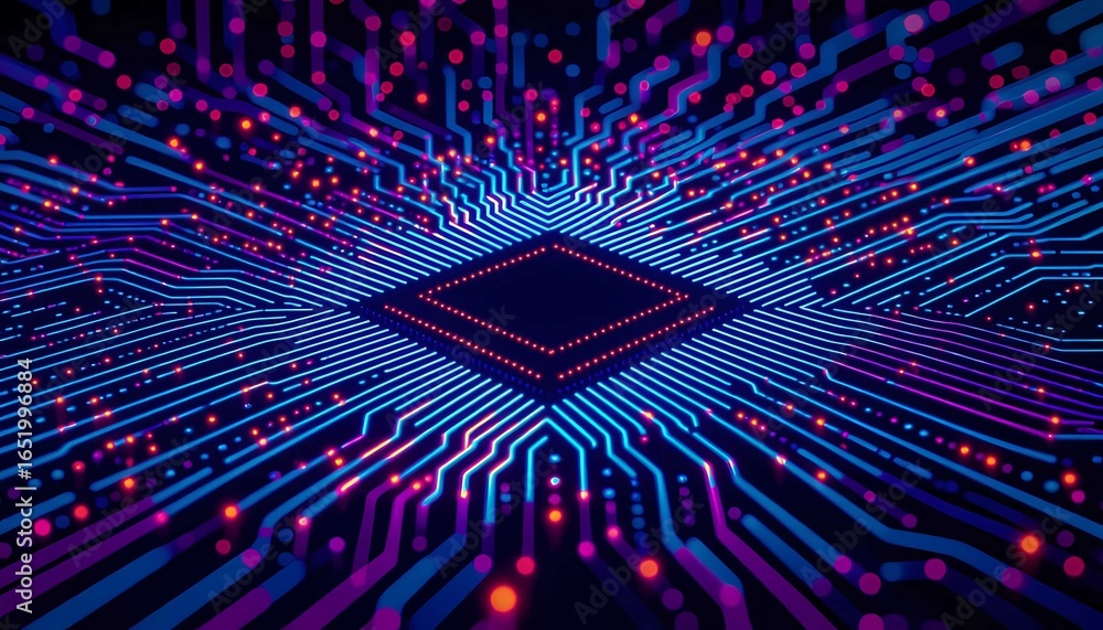 Poster a futuristic circuit board glows with neon lights, representing digital data and network technology