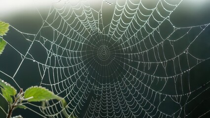 Naklejka premium Delicate spiderweb with morning dew