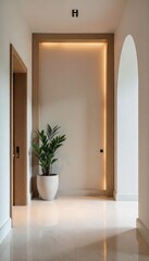 Fototapeta premium Sophisticated Modern Foyer Welcoming Entryway with Architectural Details and Soft Lighting, Ideal for Home Design Inspiration