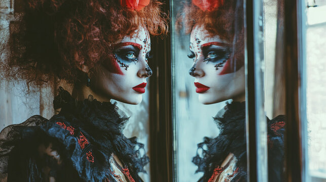 Person standing before mirror with reflection showing a different persona in elaborate makeup and attire, blurring self and alter ego