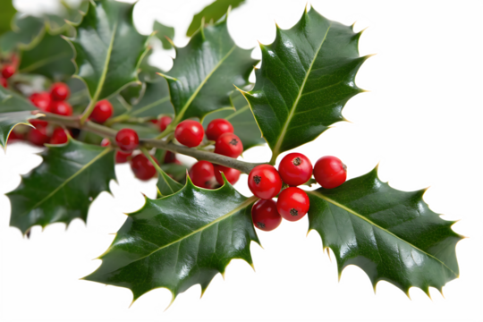 close up of holly leaves with re berrie isolated on white background, png, ai generated.