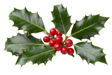 close up of holly leaves with re berrie isolated on white background, png, ai generated.