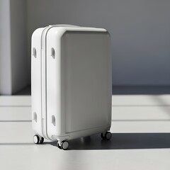 Contemporary white hardside luggage standing in a sunlit space, representing minimalist journey, travel preparation, and vacation.