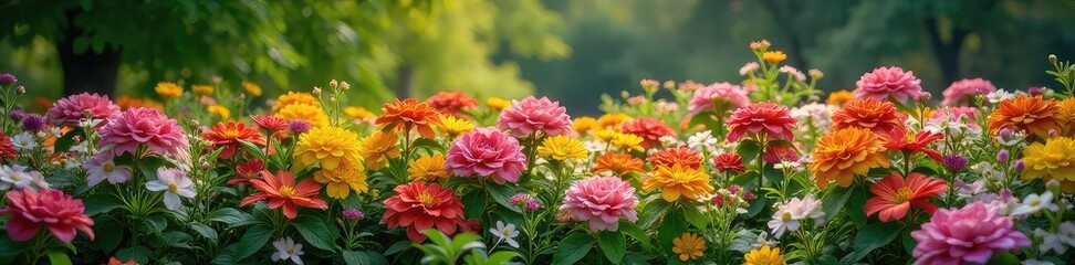 Lush, vibrant foliage flowerbed overflowing with colorful blooms, creating a stunning natural display Perfect for garden, nature, and landscaping themes , garden flowers, floral