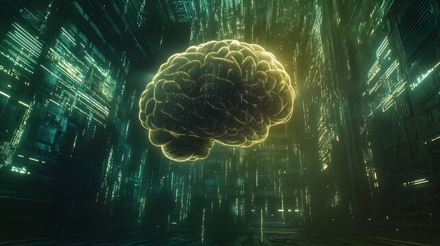 Futuristic Digital Brain Surrounded by Neon Data Streams and Lights