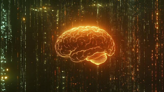 Glowing Brain Concept with Digital Lines and Neon Background Effects - Powered by Adobe