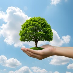 Floating tree in hands under blue sky