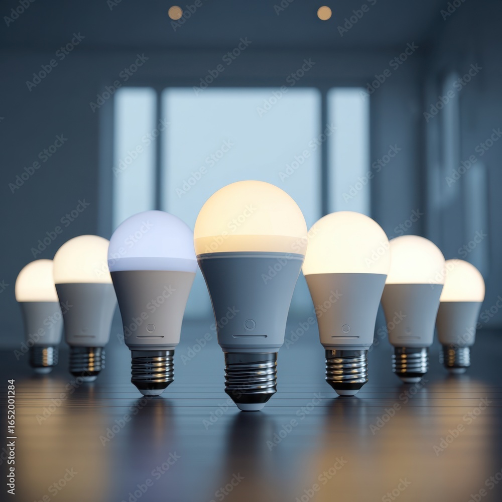 Poster modern light bulbs aligned in row with subtle differences