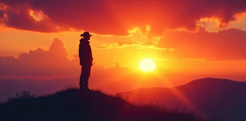 Obraz premium Silhouetted Figure at Sunset Introspection and Inner Peace, Golden Hour Serenity, Self-Discovery, Spiritual Journey