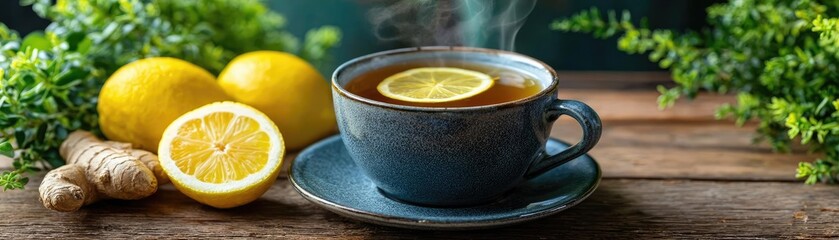 Puffy remedy for cold and fatigue concept. Warm cup of tea with lemon and ginger on rustic wooden table.