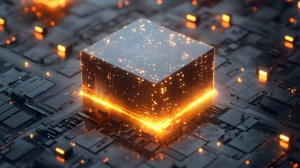 Glowing Digital Cube on Circuit Board with Sparkling Effects