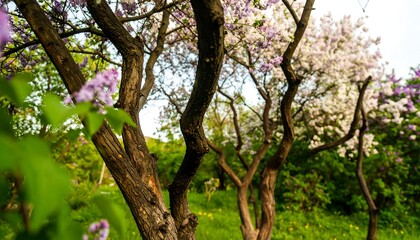 Obraz premium Low-angle view of blossoming lilac trees in a garden, showcasing their textured bark and vibrant flowers against a soft background