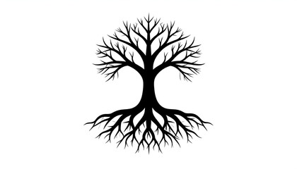Black Silhouette Tree Displaying Roots and Branches on White Background
