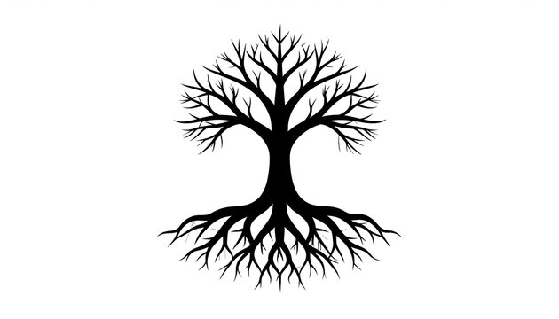 Black Silhouette Tree Displaying Roots and Branches on White Background