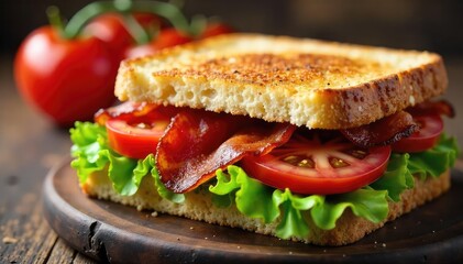 A crispy bacon sandwich, perfectly toasted, with juicy tomatoes and lettuce spilling out the sides Enjoy the delicious, simple breakfast or brunch , photo, simple, bacon