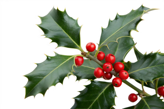 close up of holly leaves with re berrie isolated on white background, png, ai generated.