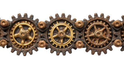 Interlocking Brass Gears with Vintage Aesthetic on Rusty Strip