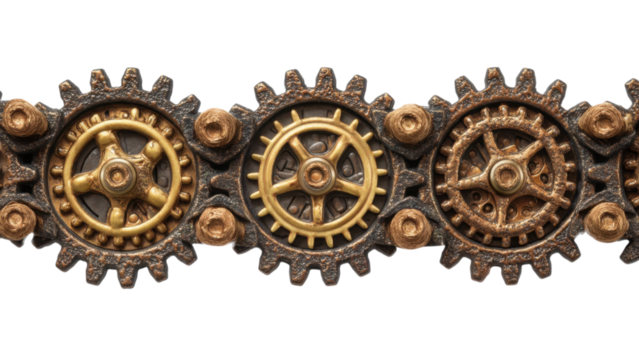 Interlocking Brass Gears with Vintage Aesthetic on Rusty Strip