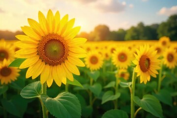 Fototapeta premium Sunflowers Basking in Summer Sun A Vibrant Field of Golden Blooms Stretching to the Horizon