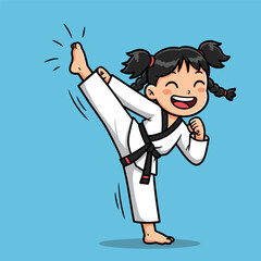 Smiling cartoon martial artist performing high kick in white uniform and black belt.