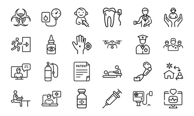 24 Medical and Healthcare Line Icons Hospital, Doctor, Patient Care, Emergency, Surgery, Pharmacy, Vaccination, Telemedicine, First Aid, and Medical Equipment Vector Icon Bundle