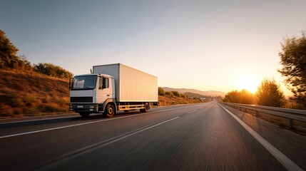 Obraz premium Golden Hour Delivery Truck on Open Highway