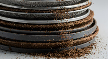 Stacked Used Filter Screens & Rings with Granular Brown Residue