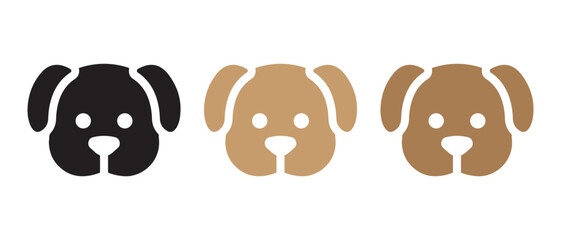 Set of Minimalist Dog Face Icons. Black, Light Brown, and Dark Brown Cartoon Designs for Pet Branding and UI Kits.