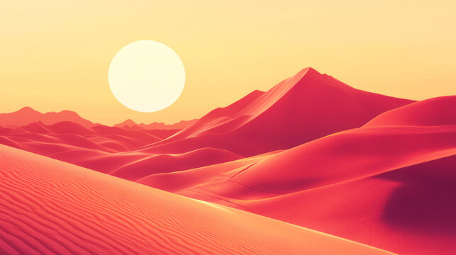 A serene desert landscape with a large, round, white sun setting behind a mountain range, casting a warm, golden glow over the sand dunes and creating a sense of tranquility and isolation. - Powered by Adobe