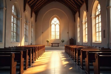 Fototapeta premium Serene interior of a church, bathed in soft light, focusing on a quiet prayer area Perfect for themes of peace, faith, spirituality, and contemplation , God, chapel, hymn