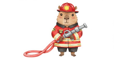 Fototapeta premium a cute cartoon capybara firefighter in uniform holding a hose in a colorful watercolor illustration