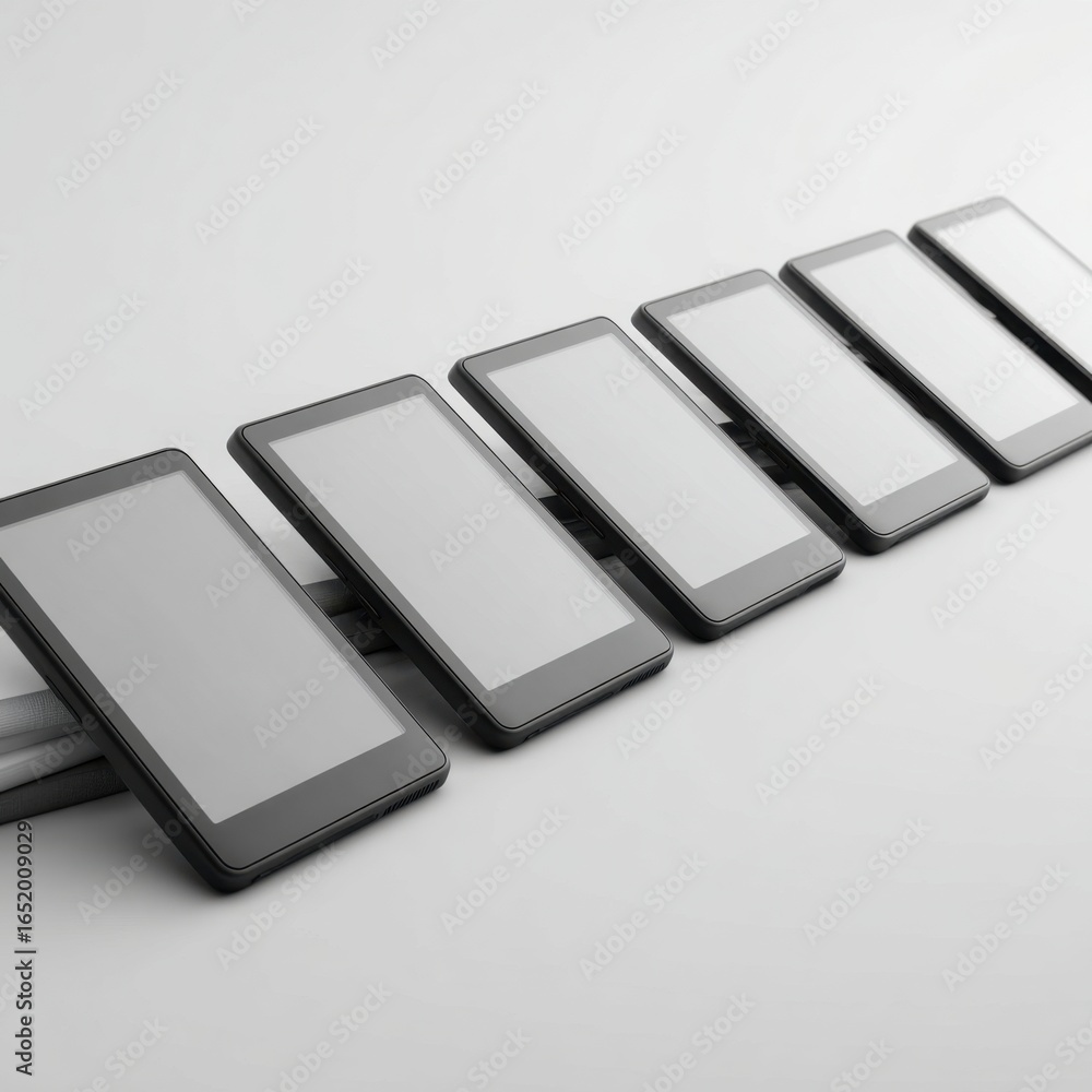 Poster grayscale tablets aligned side by side on minimalist background