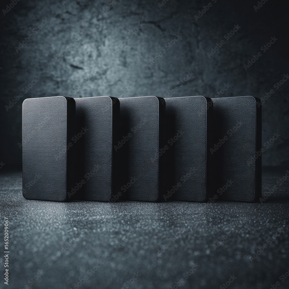 Poster matte external hard drives aligned in a row on dark background