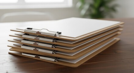 Stacked Clipboards with White Paper on Wooden Table, Natural Light